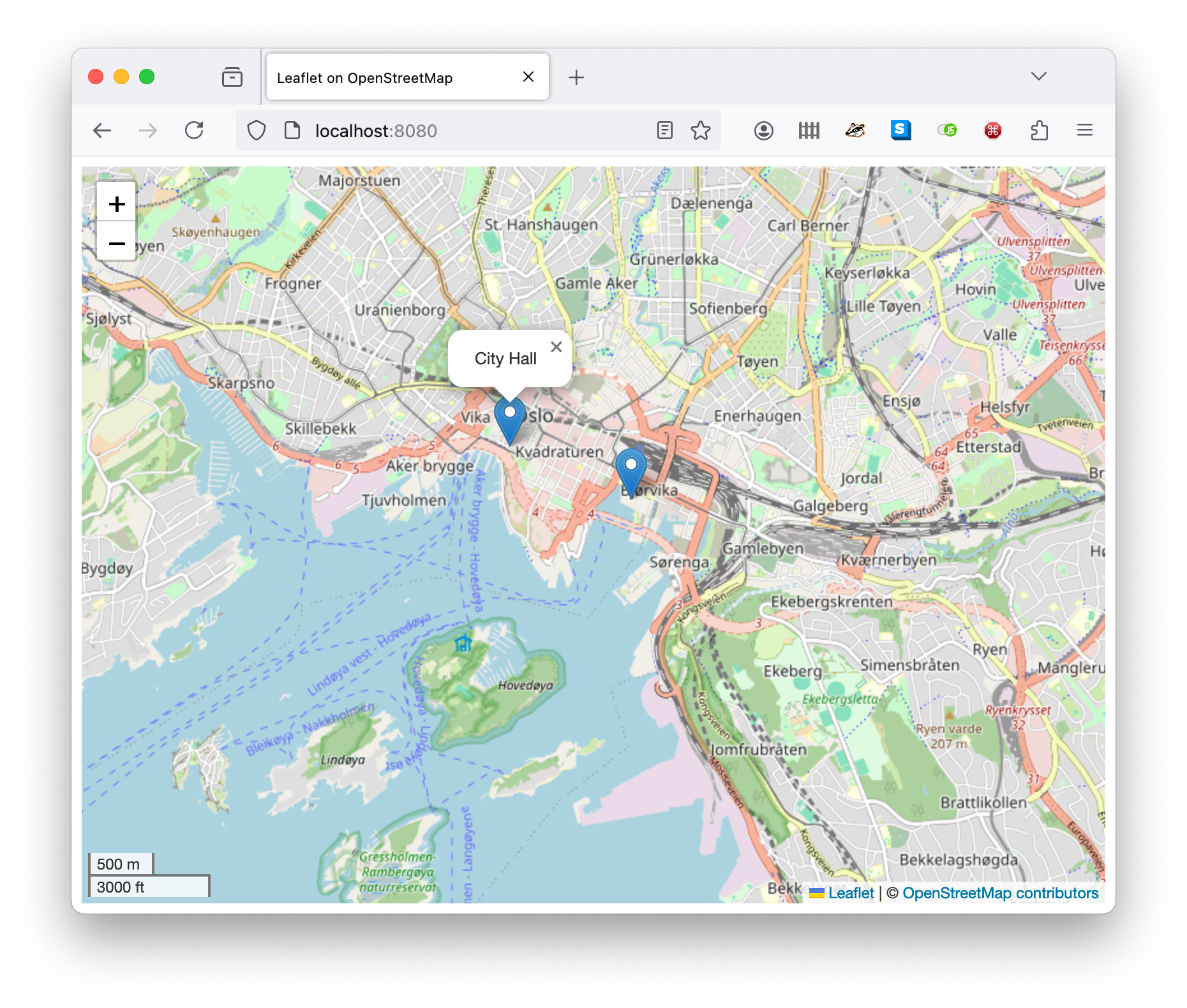 A map of Oslo with two points of interest